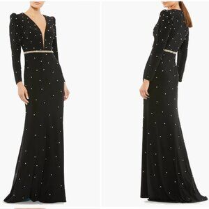 MAC DUGGAL 67874 BELTED JEWEL ENCRUSTED PLUNG NECK LONG SLEEVE  BLACK GOWN 10